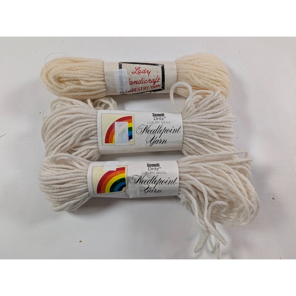 Vintage Needlepoint Tapestry Wool Yarn Lot 3 Skeins Ivory Snow White Scovill